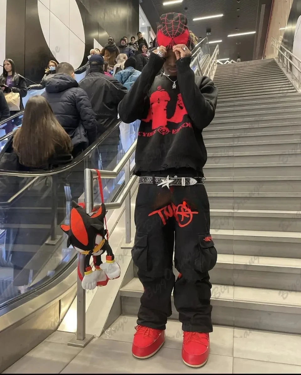Y2K Retro Streetwear Trend Hip Hop Cargo Pant Men Women Fashion Black Casual Pants Harajuku Letter Print Loose Overalls Joggers