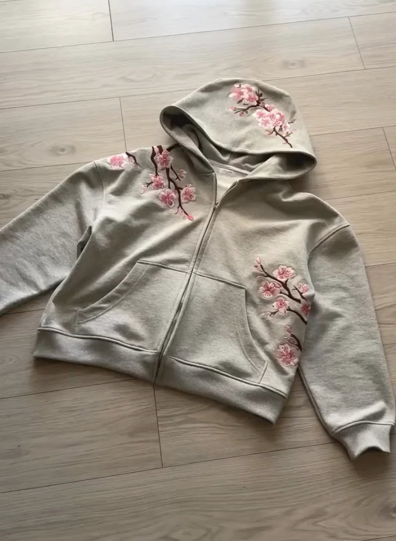 Y2K Vintage Oversized Cherry Blossom Embroidered Hooded Jacket Mens Womens Pink Zipper Coat Harajuku Hip Hop Graphic Streetwear